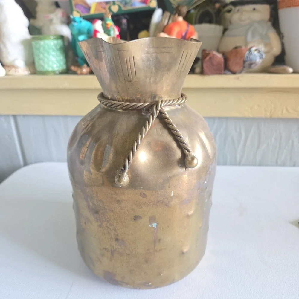 MCM Brass Money Coin Bag Vase Rope Tie Design Spain Patina